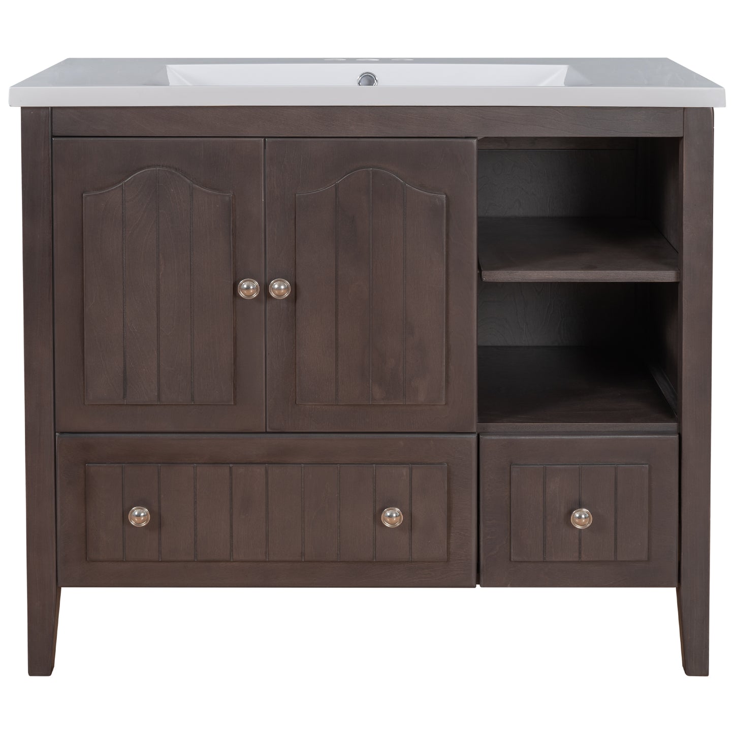 MOONSUN 36" Bathroom Vanity with Ceramic Basin, Bathroom Storage Cabinet with Two Doors and Drawers, Solid Frame, Metal Handles, Brown