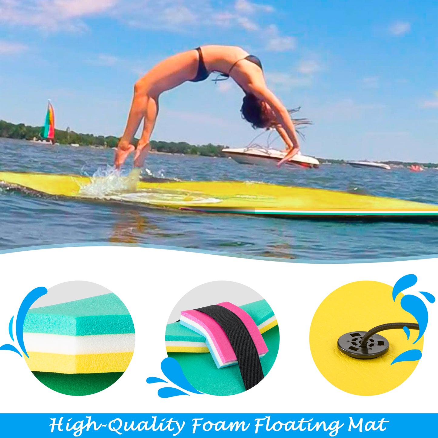 MOONSUN Floating Water Mat Foam Pad Lake Floats Lily Pad,90INCH x 3 FT 3-Layer XPE Water Pad with Storage Straps for Adults Outdoor Water Activities