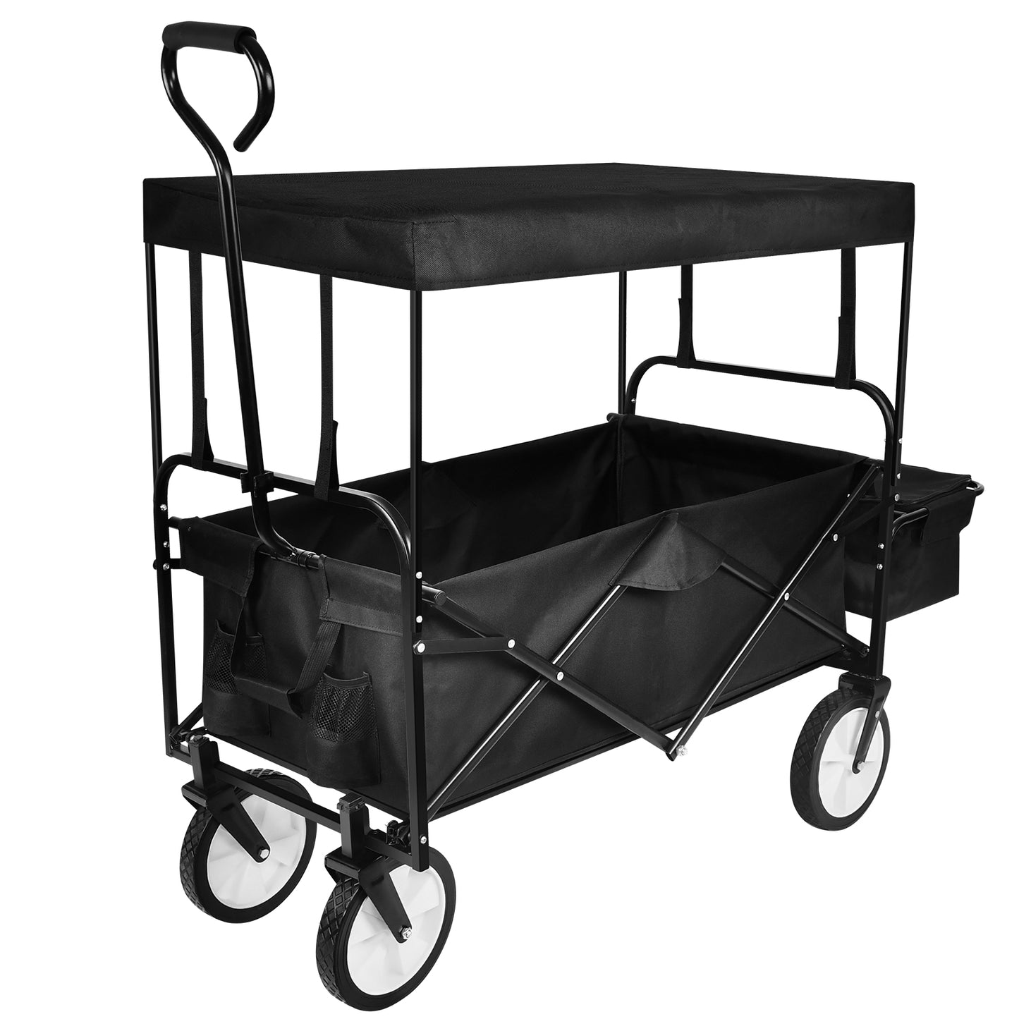 MoonSun Collapsible Wagon with Removable Canopy, 8'' Wheels, Enlarged Capacity Folding Wagon Garden Shopping Beach Cart with 2 Drink Holders