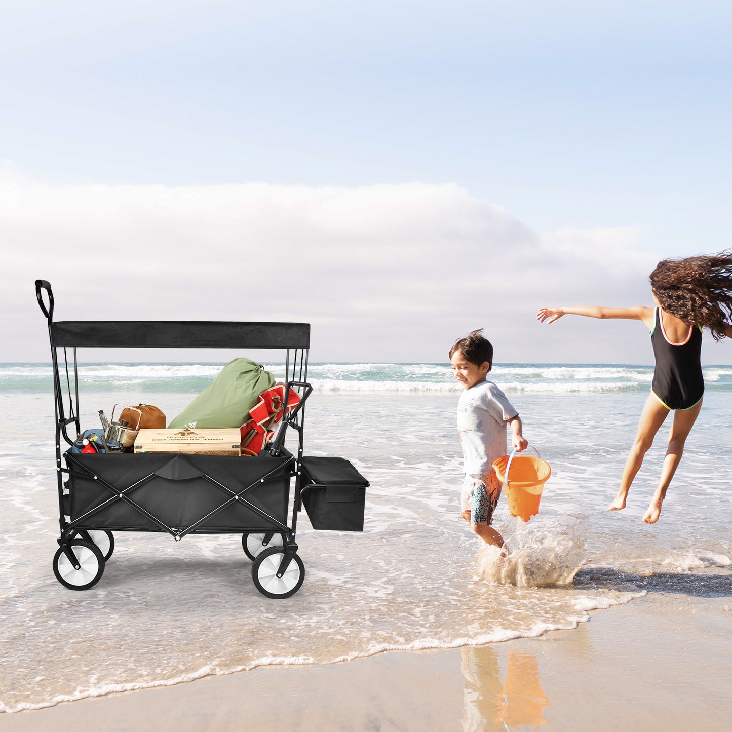 MoonSun Collapsible Wagon with Removable Canopy, 8'' Wheels, Enlarged Capacity Folding Wagon Garden Shopping Beach Cart with 2 Drink Holders