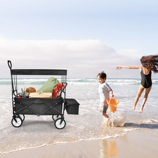 MoonSun Collapsible Wagon with Removable Canopy, 8'' Wheels, Enlarged Capacity Folding Wagon Garden Shopping Beach Cart with 2 Drink Holders