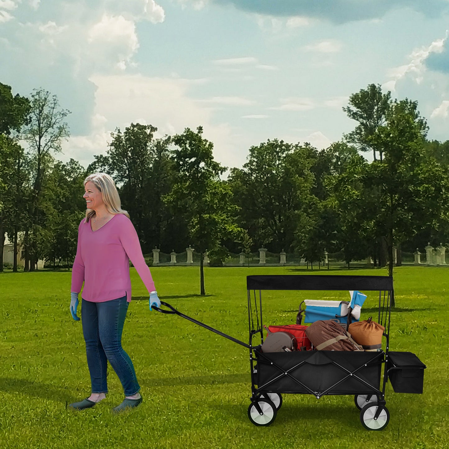MoonSun Collapsible Wagon with Removable Canopy, 8'' Wheels, Enlarged Capacity Folding Wagon Garden Shopping Beach Cart with 2 Drink Holders