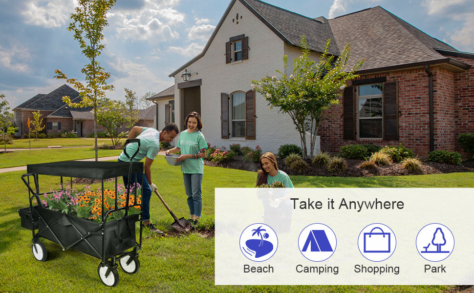 MoonSun Collapsible Wagon with Removable Canopy, 8'' Wheels, Enlarged Capacity Folding Wagon Garden Shopping Beach Cart with 2 Drink Holders