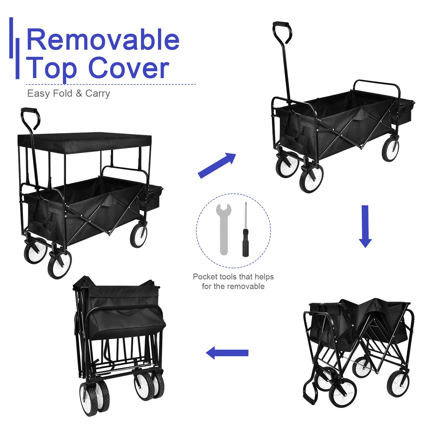 MoonSun Collapsible Wagon with Removable Canopy, 8'' Wheels, Enlarged Capacity Folding Wagon Garden Shopping Beach Cart with 2 Drink Holders