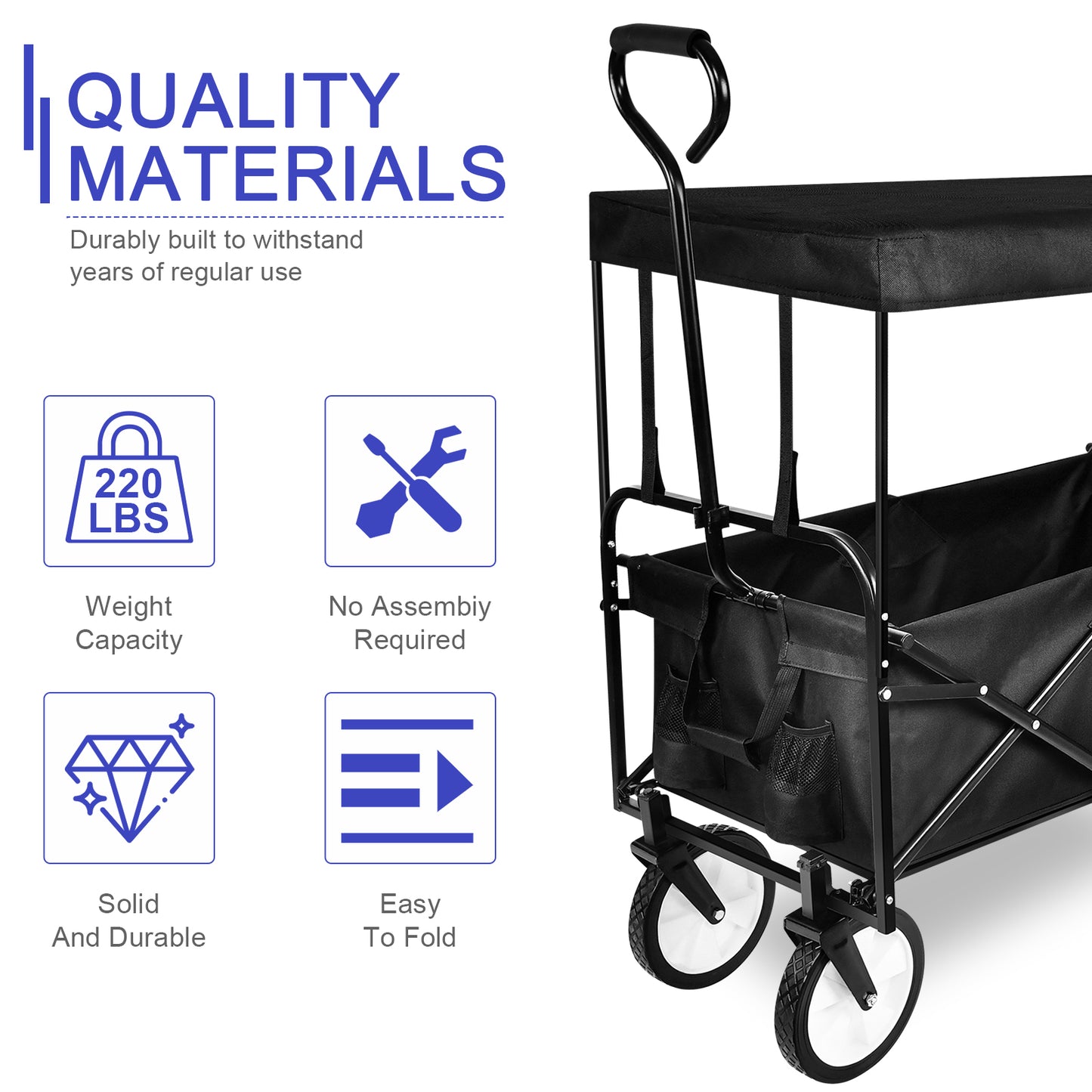MoonSun Collapsible Wagon with Removable Canopy, 8'' Wheels, Enlarged Capacity Folding Wagon Garden Shopping Beach Cart with 2 Drink Holders