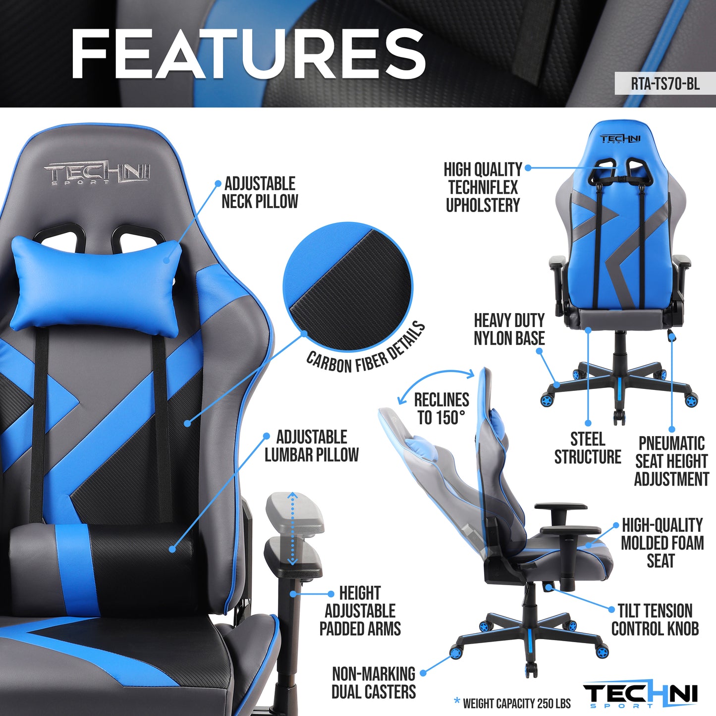 MOONSUN Sport TS-70 Office-PC Gaming Chair, Blue
