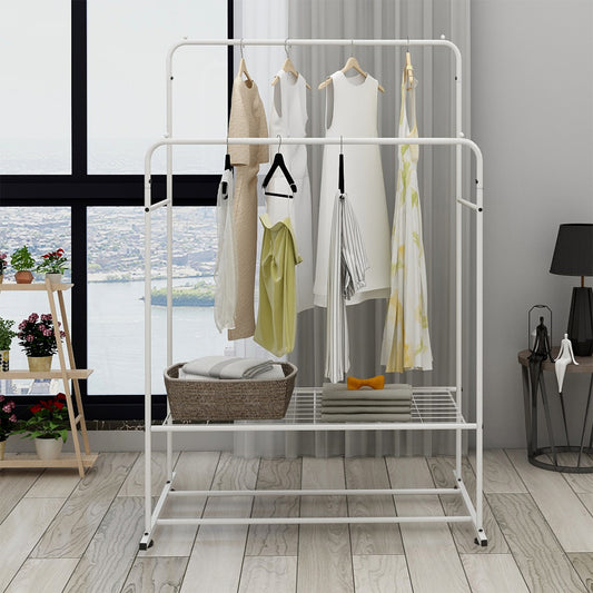 MOONSUN Garment Rack Freestanding Hanger Double Rods Multi-functional Bedroom Clothing Rack