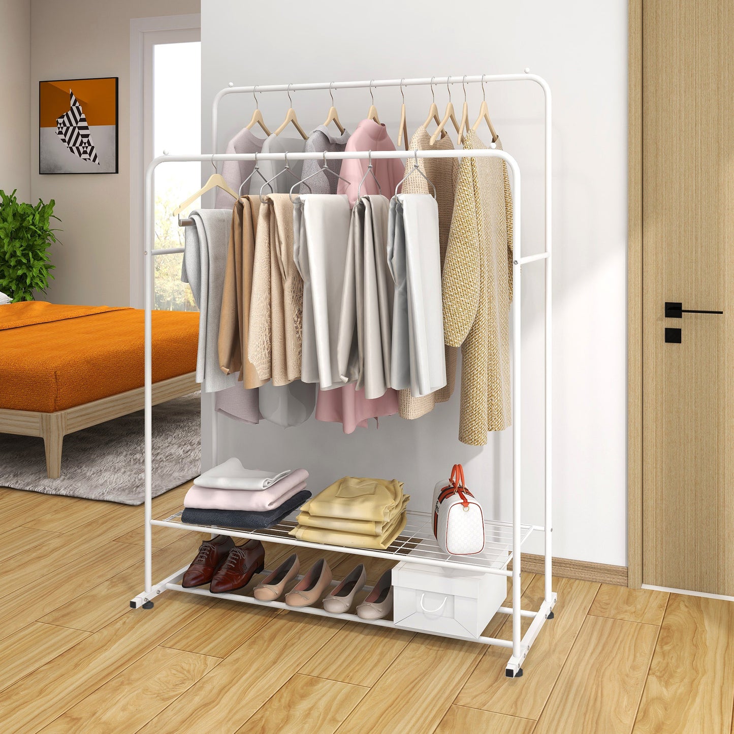 MOONSUN Garment Rack Freestanding Hanger Double Rods Multi-functional Bedroom Clothing Rack