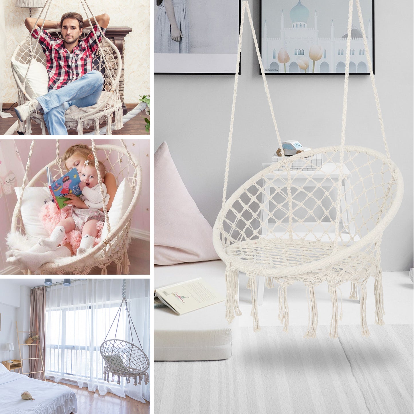 MOONSUN Hammock Chair Macrame Swing Max 330 Lbs Hanging Cotton Rope Hammock Swing Chair for Indoor and Outdoor