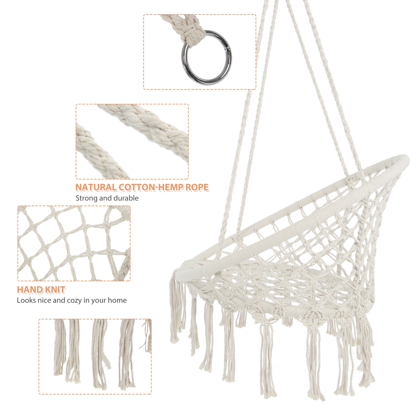 MOONSUN Hammock Chair Macrame Swing Max 330 Lbs Hanging Cotton Rope Hammock Swing Chair for Indoor and Outdoor