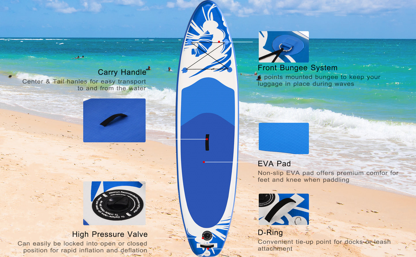 MOONSUN Inflatable Stand Up Paddle Board 10' x 30'' x 6'' Ultra-Light SUP, Non-Slip Deck, Premium SUP Accessories, Bottom Fin for Paddling, Leash, Hand Pump and Backpack, Youth & Adult Standing Boat