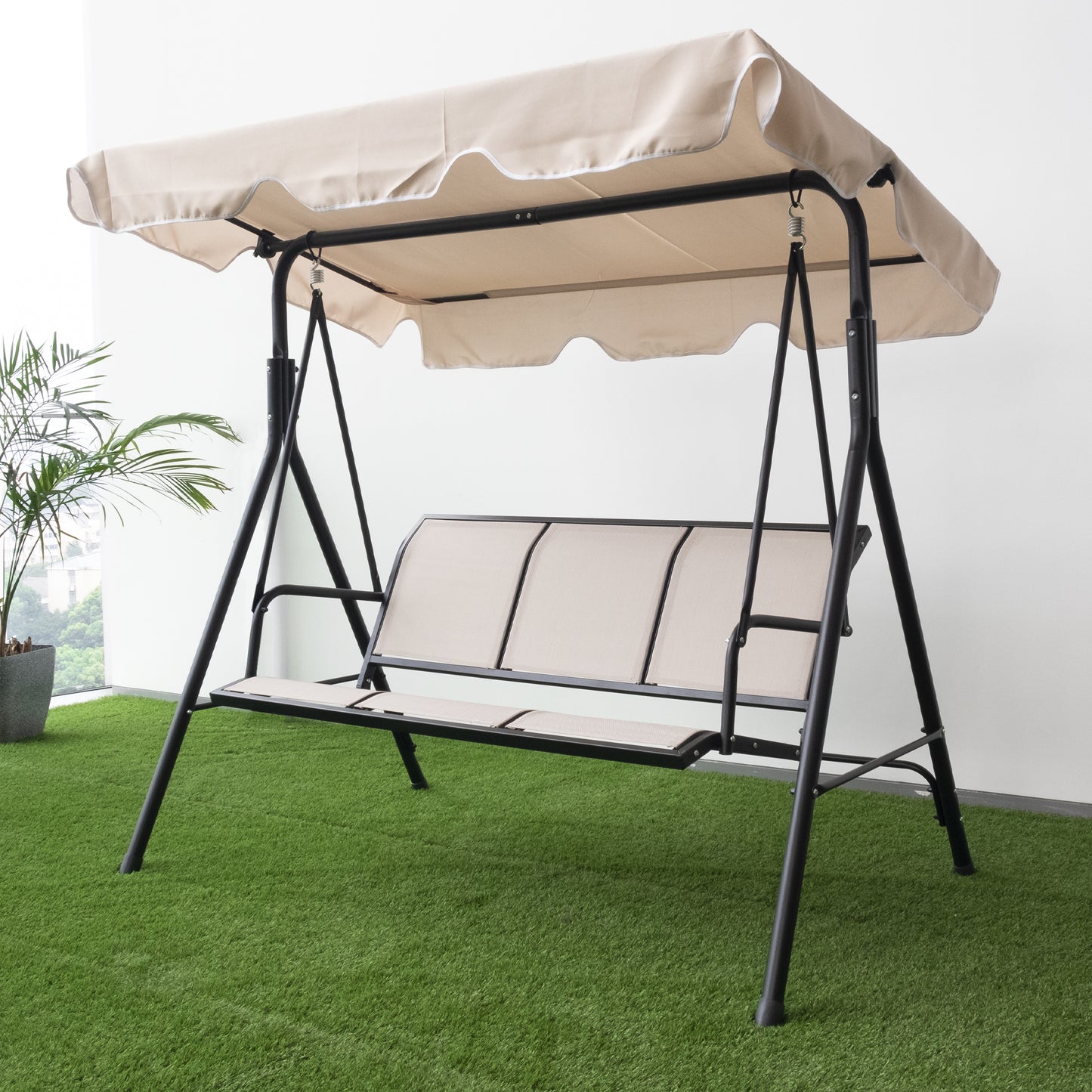 MOONSUN 3-Seater Outdoor Adjustable Canopy Porch Swing Chair for Patio, Garden, Poolside, Balcony w/Armrests, Textilene Fabric, Steel Frame