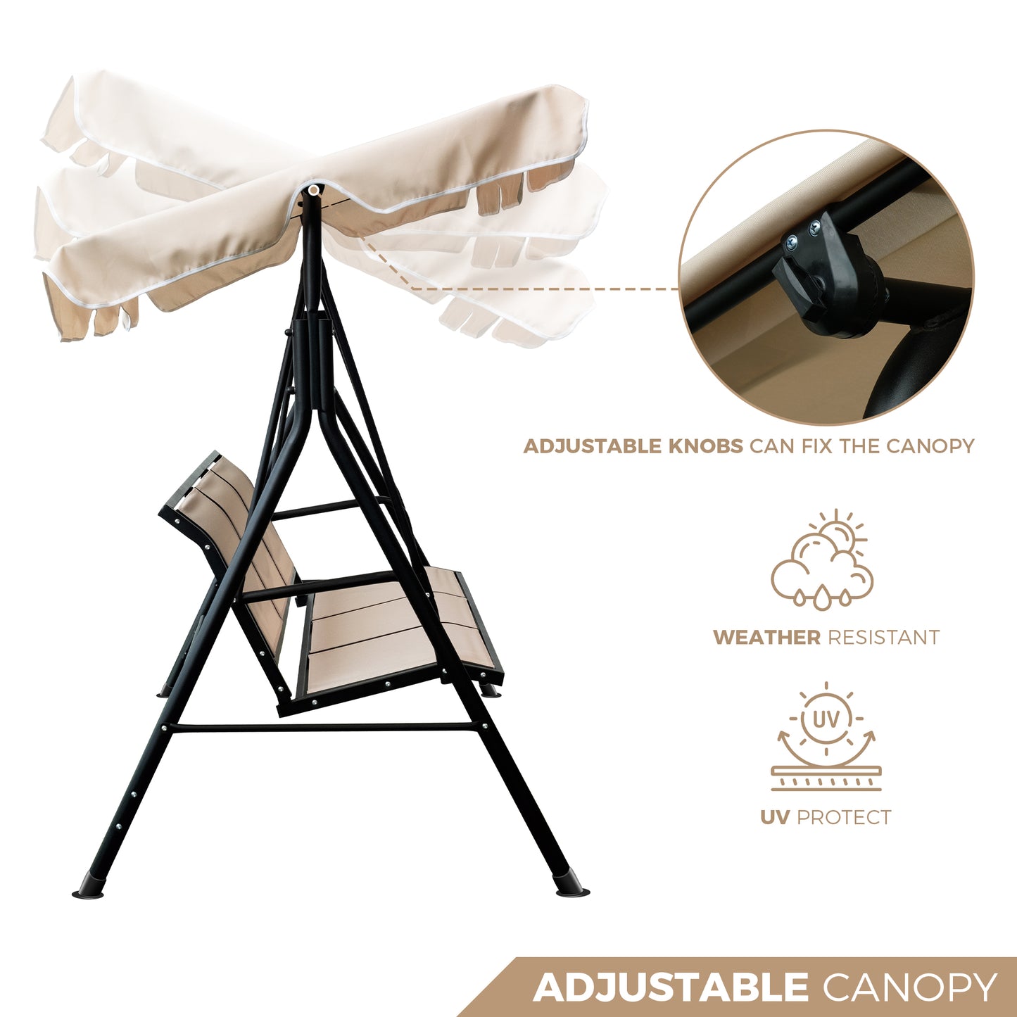 MOONSUN 3-Seater Outdoor Adjustable Canopy Porch Swing Chair for Patio, Garden, Poolside, Balcony w/Armrests, Textilene Fabric, Steel Frame