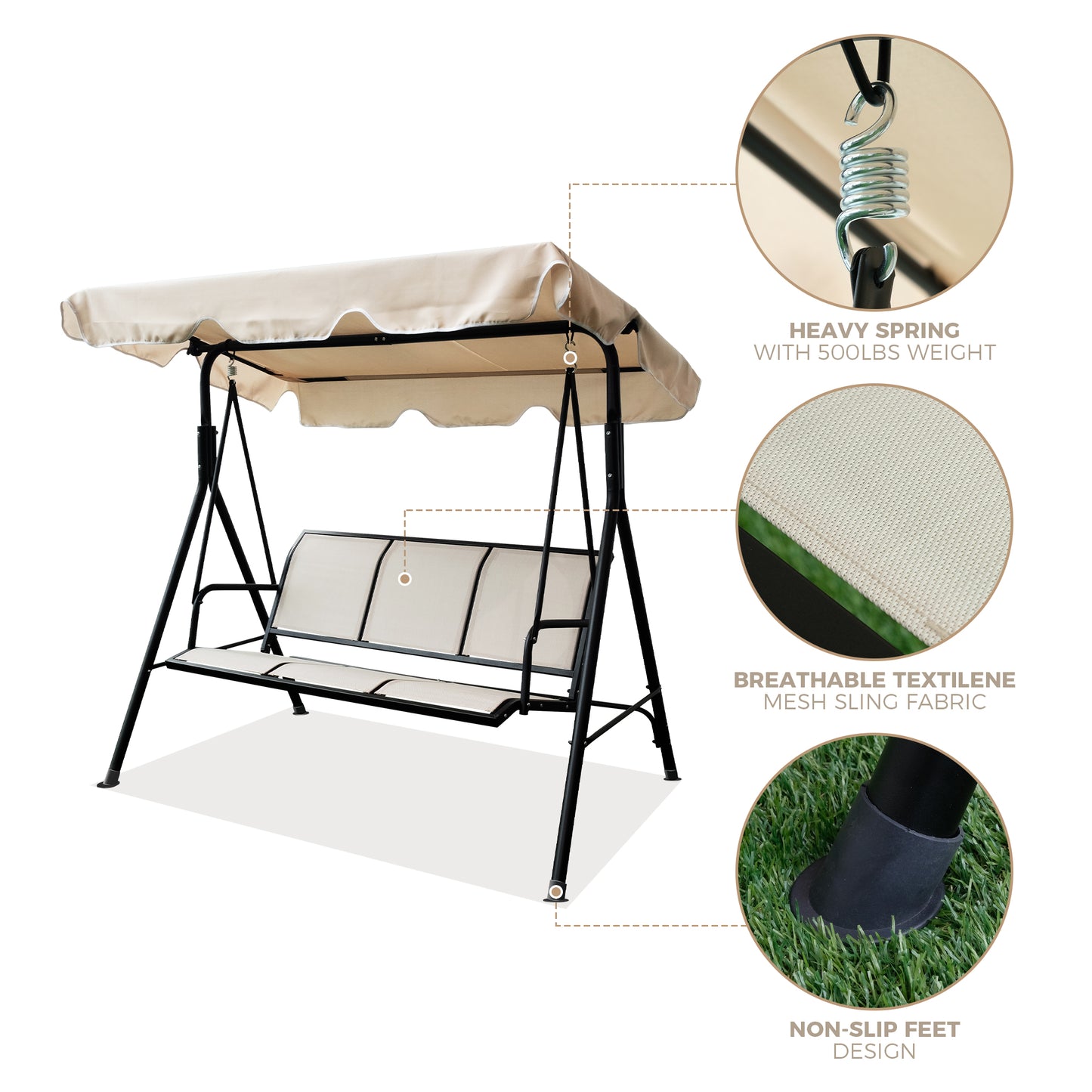 MOONSUN 3-Seater Outdoor Adjustable Canopy Porch Swing Chair for Patio, Garden, Poolside, Balcony w/Armrests, Textilene Fabric, Steel Frame