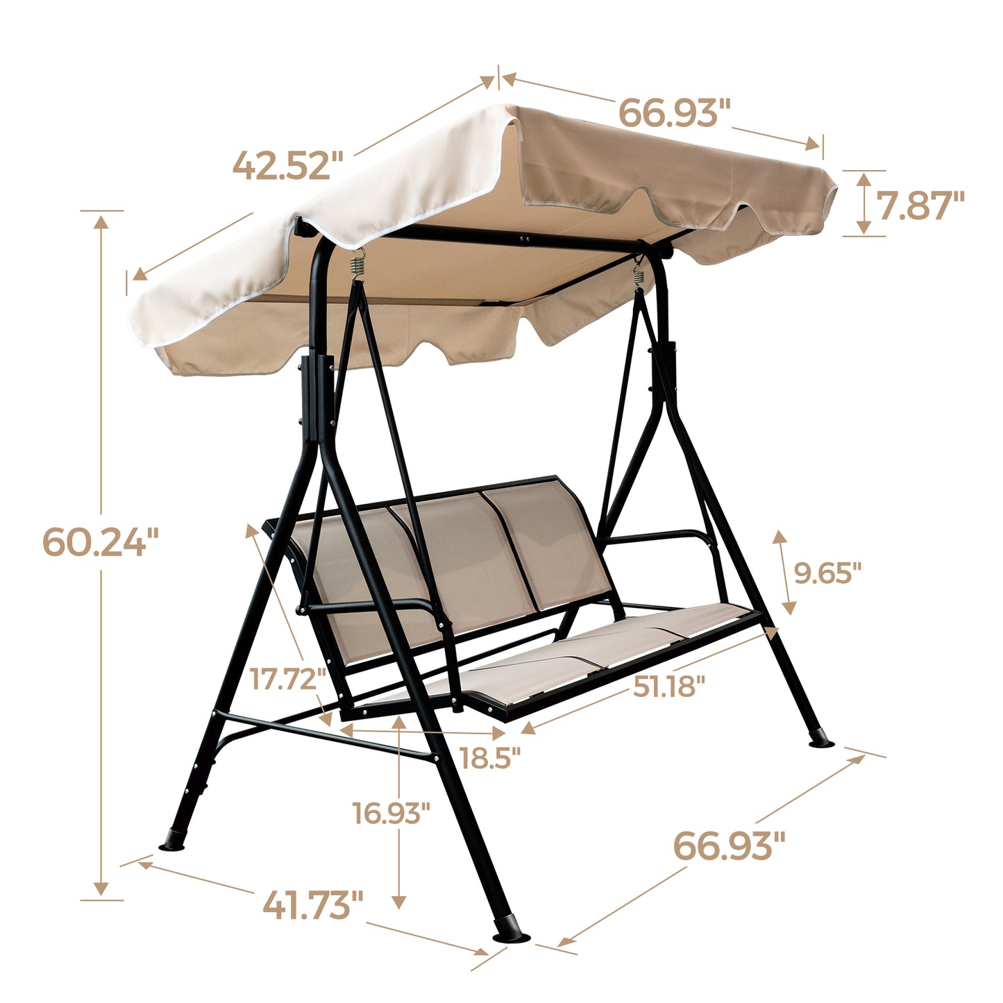 MOONSUN 3-Seater Outdoor Adjustable Canopy Porch Swing Chair for Patio, Garden, Poolside, Balcony w/Armrests, Textilene Fabric, Steel Frame