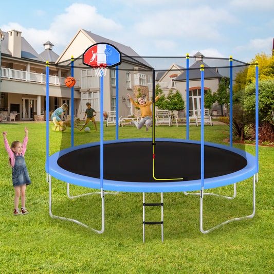MOONSUN Trampoline for Kids Adults, Trampolines with Safety Enclosure Net, Basketball Hoop and Ladder, 8FT 10FT 12FT 14FT 15FT 16FT Outdoor Heavy-Duty Trampoline, ASTM & Chemical Test Approved