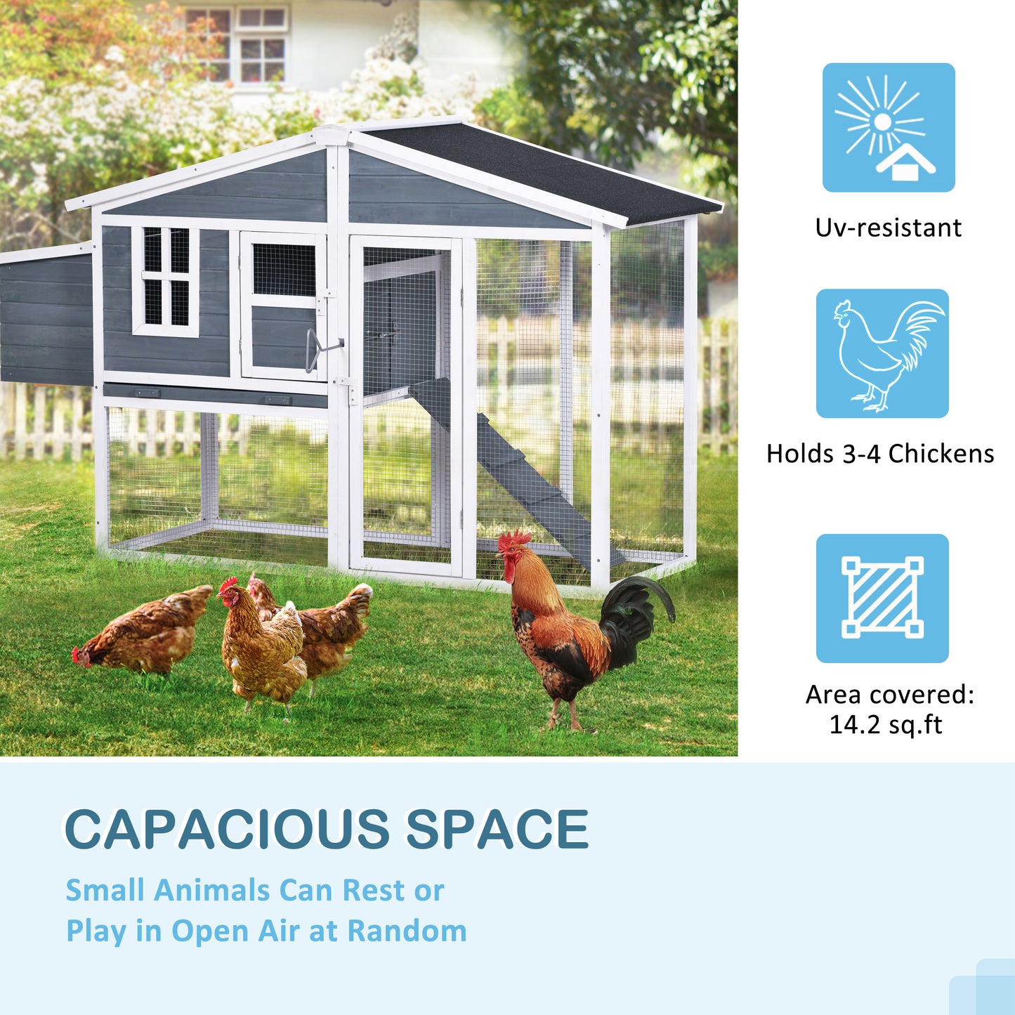 MOONSUN 73.6”Large Wooden Chicken Coop, Enclosed Outdoor Backyard Small Animal Hen Rabbit Hutch Wood House Poultry Cage with Tray and Ramp, Nest Box