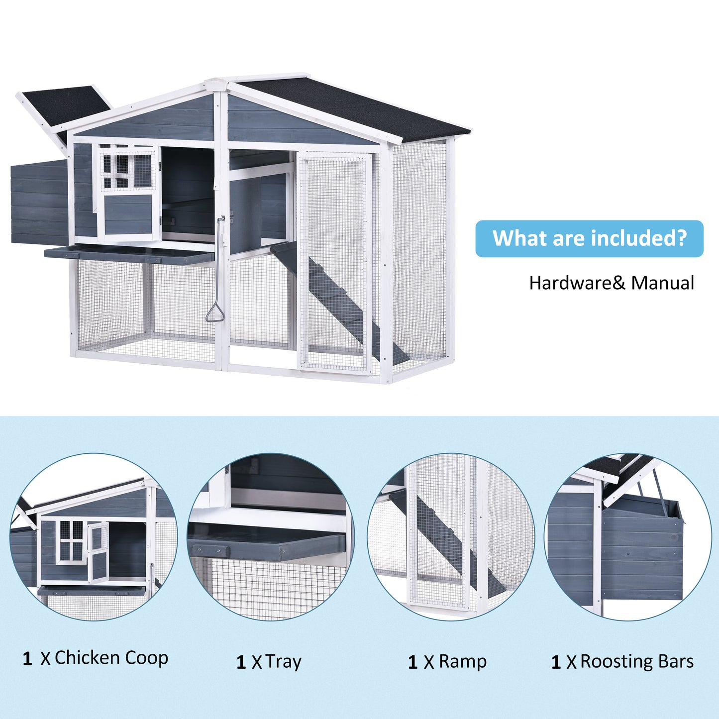 MOONSUN 73.6”Large Wooden Chicken Coop, Enclosed Outdoor Backyard Small Animal Hen Rabbit Hutch Wood House Poultry Cage with Tray and Ramp, Nest Box