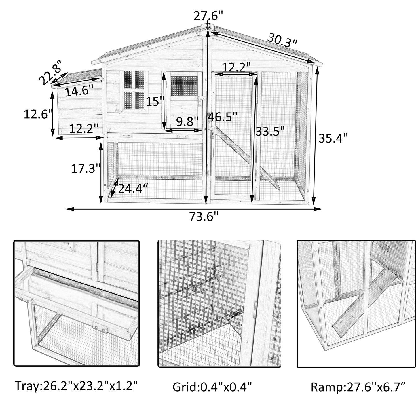 MOONSUN 73.6”Large Wooden Chicken Coop, Enclosed Outdoor Backyard Small Animal Hen Rabbit Hutch Wood House Poultry Cage with Tray and Ramp, Nest Box