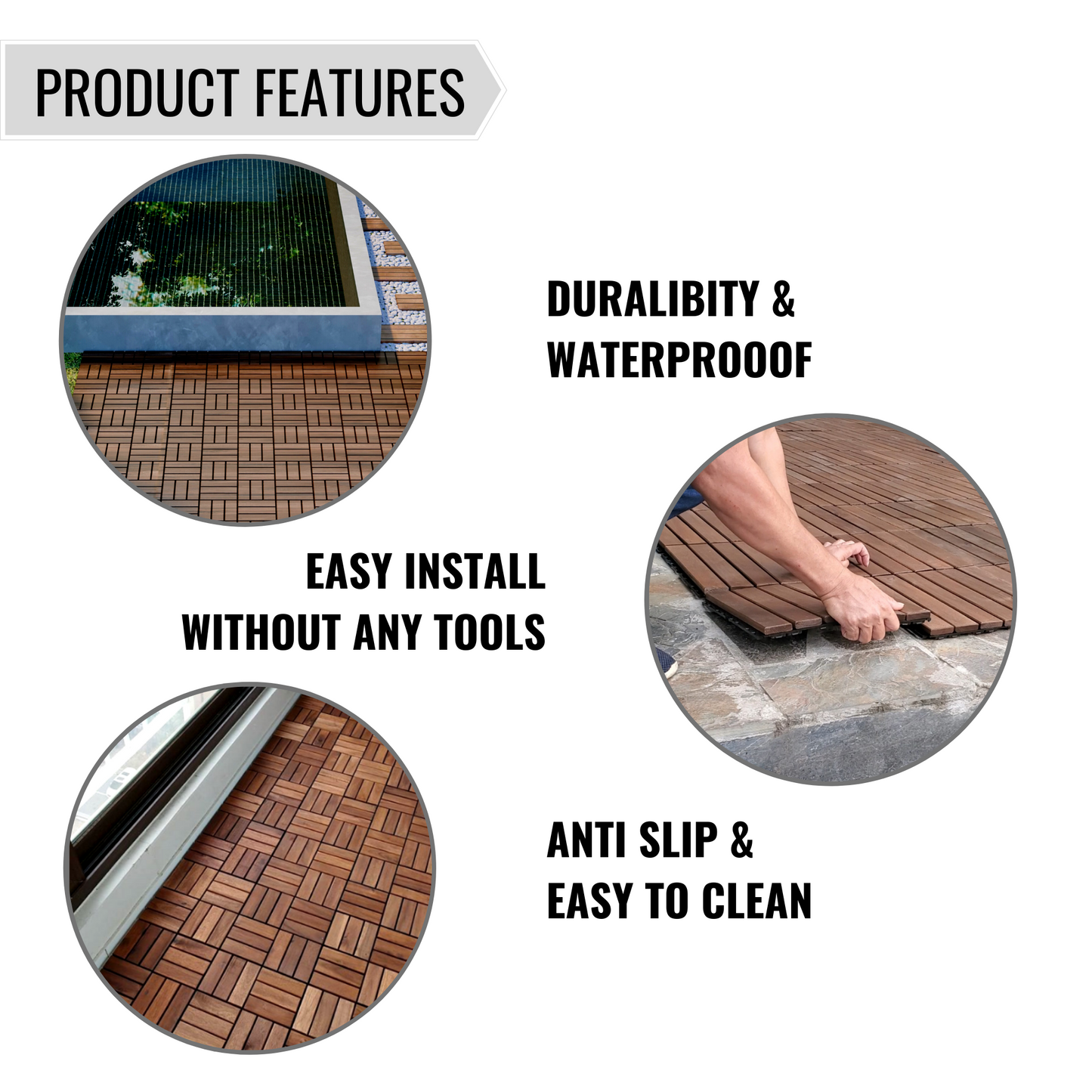 MoonSun 12" x 12" Square Acacia Wood Interlocking Flooring Tiles Checker Pattern Pack of 10 Tiles Brown