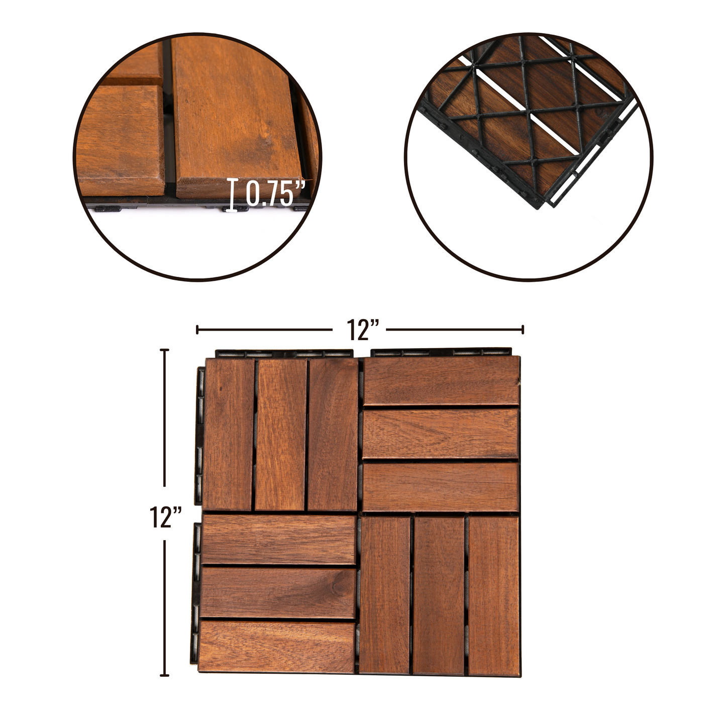 MoonSun 12" x 12" Square Acacia Wood Interlocking Flooring Tiles Checker Pattern Pack of 10 Tiles Brown