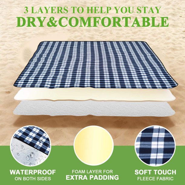 Picnic Blanket Waterproof Foldable with 3 Layers Material,Extra Large Picnic Blanket Picnic Mat Beach Blanket 80"x80" for Camping Beach Park Hiking Fireworks,Larger & Thicker
