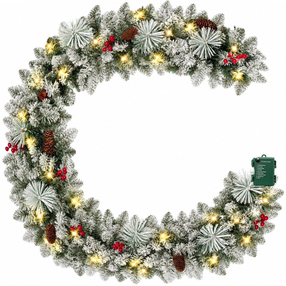 9ft Pre-Lit Snow Flocked Christmas Garland with 80 LED Lights w/ 8 Modes & Timer for Outdoor Indoor Xmas Decoration Fireplace Stairs Doorway Railings Decor,1 Pack