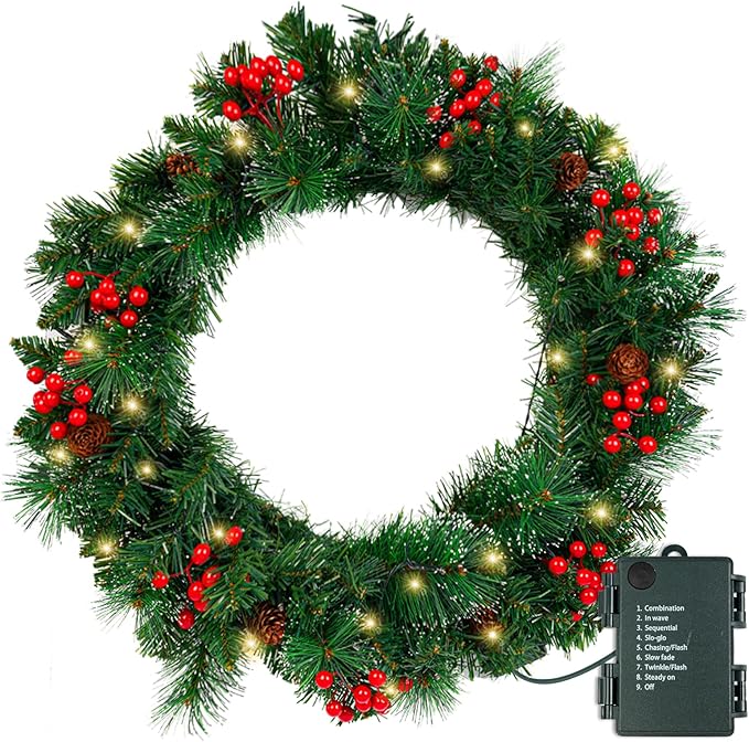 Christmas Wreath -Realistic PE Pine with Red Berries and Velvet Ribbon