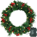Christmas Wreath -Realistic PE Pine with Red Berries and Velvet Ribbon