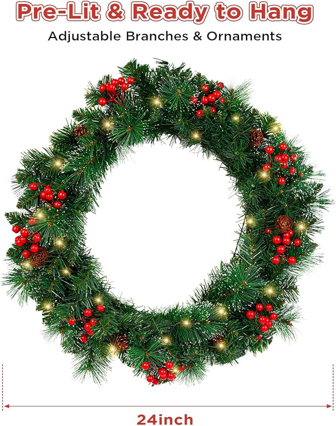 Christmas Wreath -Realistic PE Pine with Red Berries and Velvet Ribbon