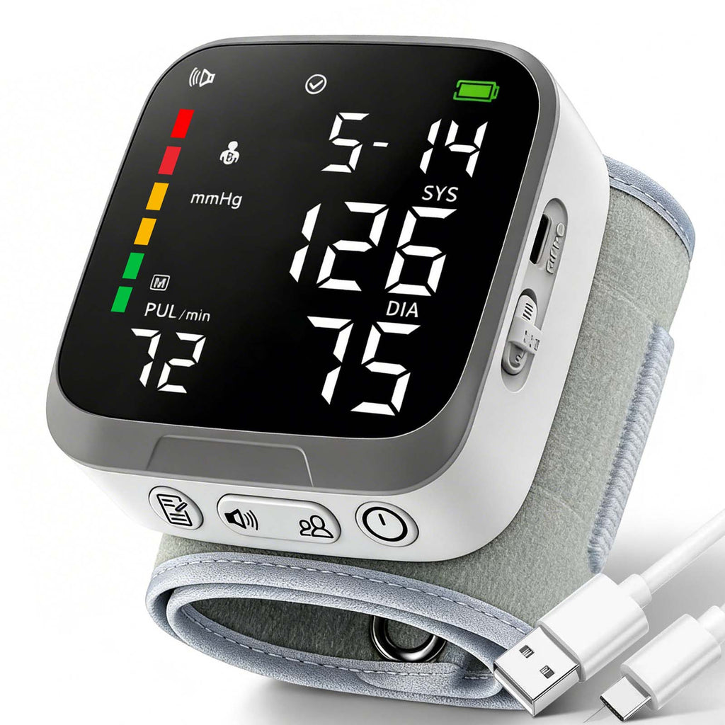 Automatic Wrist Blood Pressure Monitor, Rechargeable, Voice Broadcast ON/OFF, Large LCD Display, 2-User 300 Memory, Adjustable Cuff 5.3-7.7 inches, BP Machine for Home Travel Seniors