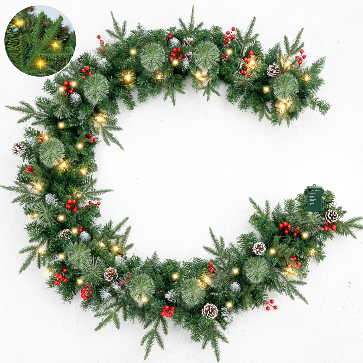 9ft Pre-Lit Christmas Garland, PE/PVC Mixed, 80 LED Lights w/ 8 Modes & Timer for Outdoor Indoor Xmas Decoration Fireplace Stairs Doorway Railings Decor