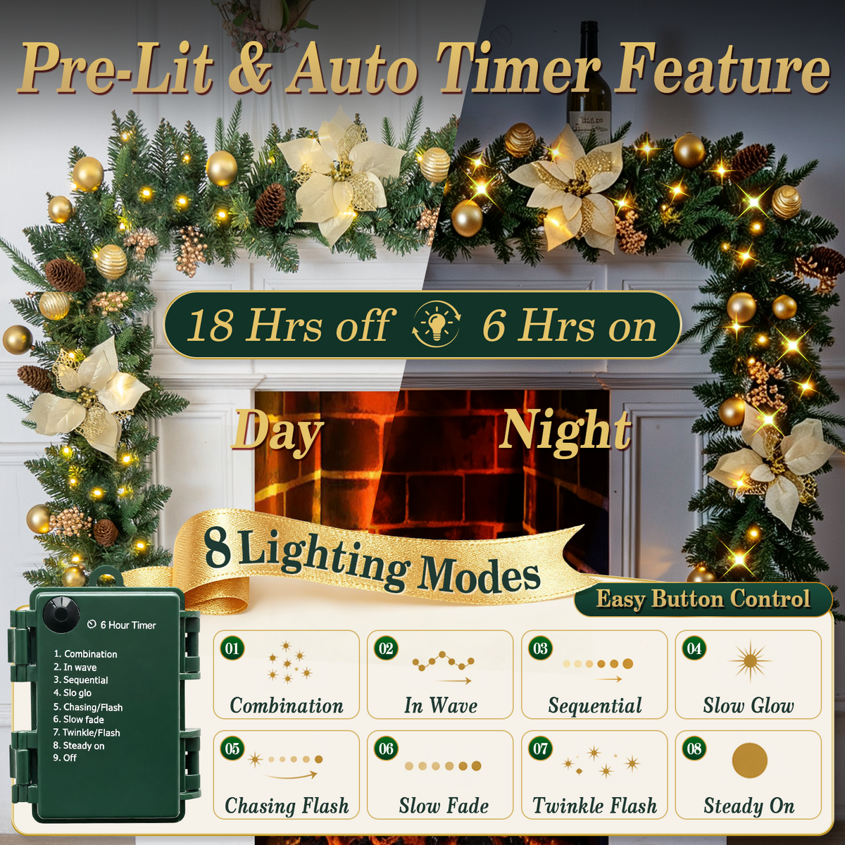 9ft Pre-Lit Christmas Garland, PE/PVC Mixed, Big Gold Flowers, 80 LED w/ 8 Modes & Timer for Outdoor Indoor Xmas Decoration Fireplace Stairs Doorway Railings Decor