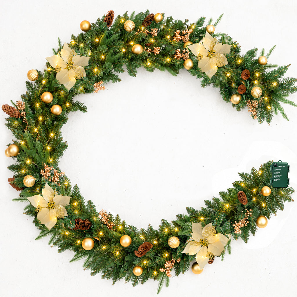 9ft Pre-Lit Christmas Garland, PE/PVC Mixed, Big Gold Flowers, 80 LED w/ 8 Modes & Timer for Outdoor Indoor Xmas Decoration Fireplace Stairs Doorway Railings Decor