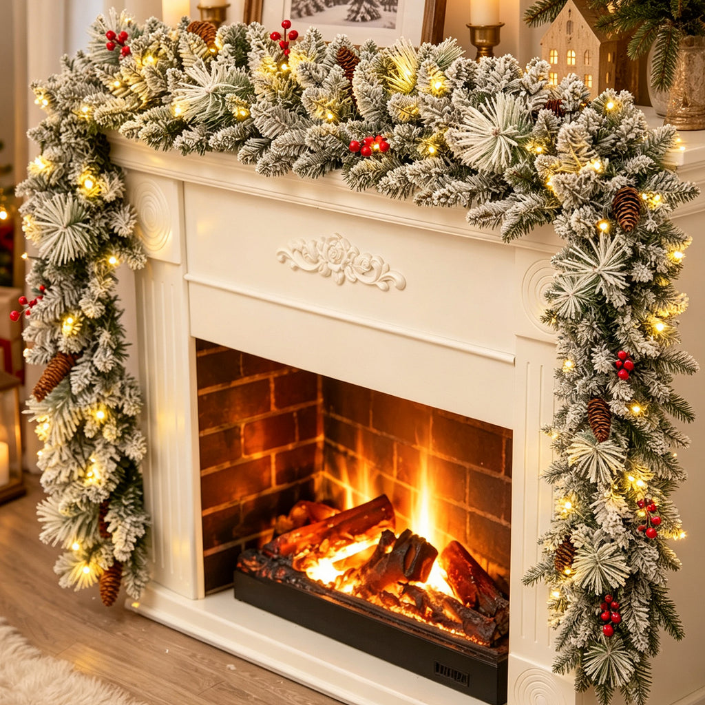 2 Pack 9ft Pre-Lit Snow Flocked Christmas Garland with 80 LED Lights w/ 8 Modes & Timer for Outdoor Indoor Xmas Decoration Fireplace Stairs Doorway Railings Decor