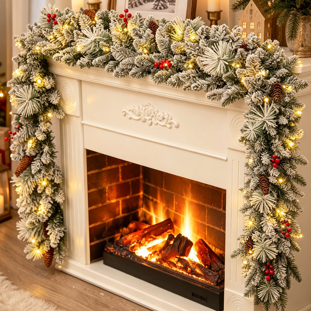 2 Pack 9ft Pre-Lit Snow Flocked Christmas Garland with 80 LED Lights w/ 8 Modes & Timer for Outdoor Indoor Xmas Decoration Fireplace Stairs Doorway Railings Decor