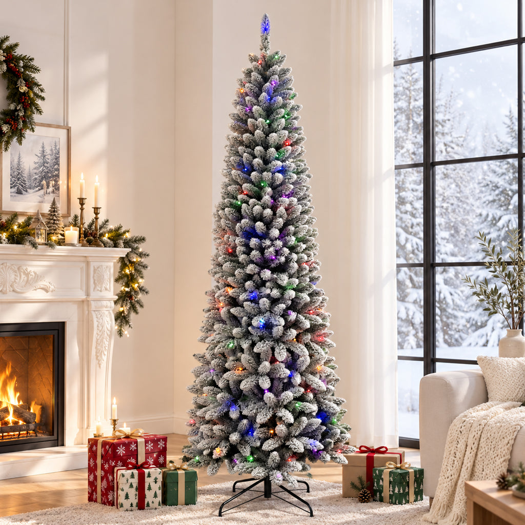 Moonsun 7.5ft Pre-Lit Flocked Pencil Christmas Tree, Artificial Pencil Artificial Slim with 150 Warm White & Multicolor Lights, 831 Branch Tips, Metal Stand for Home Office Party Holiday Decor