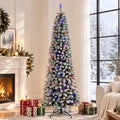 Moonsun 7.5ft Pre-Lit Flocked Pencil Christmas Tree, Artificial Pencil Artificial Slim with 150 Warm White & Multicolor Lights, 831 Branch Tips, Metal Stand for Home Office Party Holiday Decor