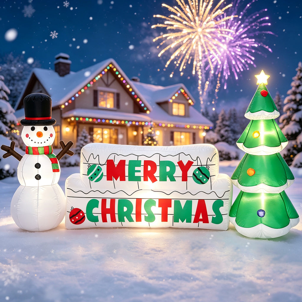 Moonsun 8FT Long Christmas Inflatable Snowman with Merry Christmas Sign & Christmas Tree, Built-in LED Lights, Blow Up Outdoor Christmas Decorations for Yard, Lawn & Garden