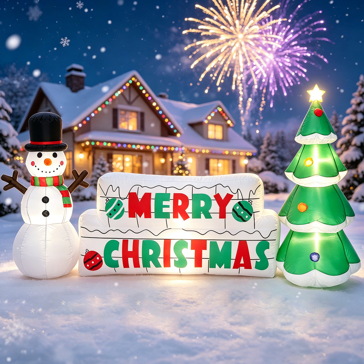 Moonsun 8FT Long Christmas Inflatable Snowman with Merry Christmas Sign & Christmas Tree, Built-in LED Lights, Blow Up Outdoor Christmas Decorations for Yard, Lawn & Garden
