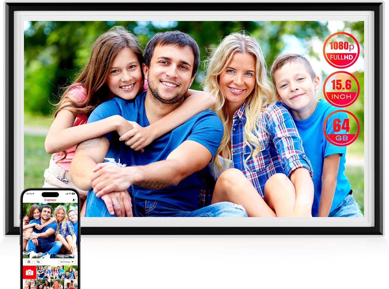 Smart WiFi Digital Picture Frame - 15.6-inch Full HD Touchscreen, 64GB Electronic Photo Frame Wall Mountable for Home Decor