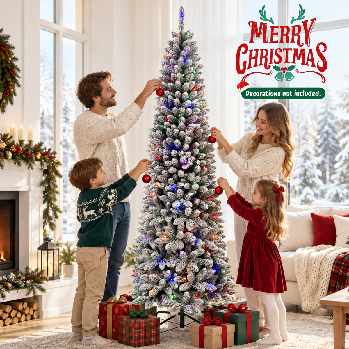 Moonsun 7.5ft Pre-Lit Flocked Pencil Christmas Tree, Artificial Pencil Artificial Slim with 150 Warm White & Multicolor Lights, 831 Branch Tips, Metal Stand for Home Office Party Holiday Decor