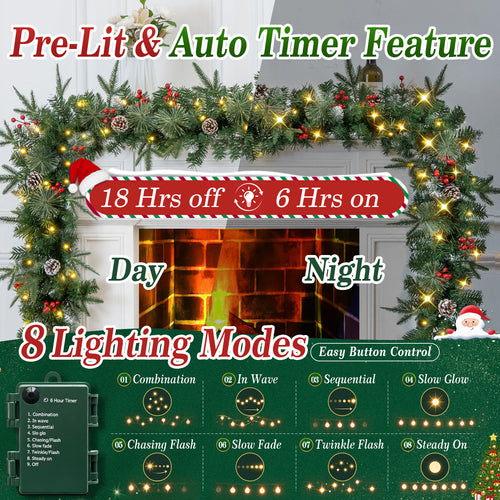 9ft Pre-Lit Christmas Garland, PE/PVC Mixed, 80 LED Lights w/ 8 Modes & Timer for Outdoor Indoor Xmas Decoration Fireplace Stairs Doorway Railings Decor