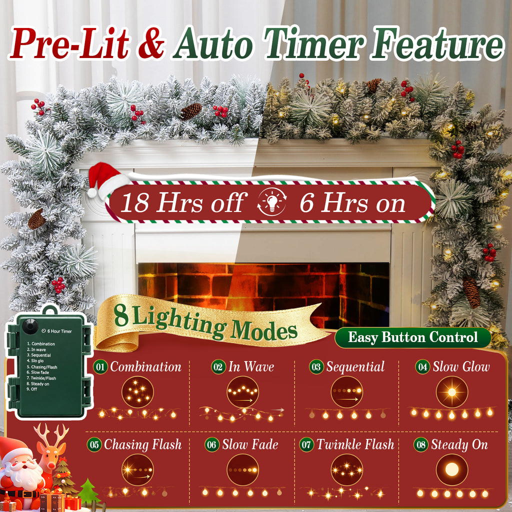 2 Pack 9ft Pre-Lit Snow Flocked Christmas Garland with 80 LED Lights w/ 8 Modes & Timer for Outdoor Indoor Xmas Decoration Fireplace Stairs Doorway Railings Decor