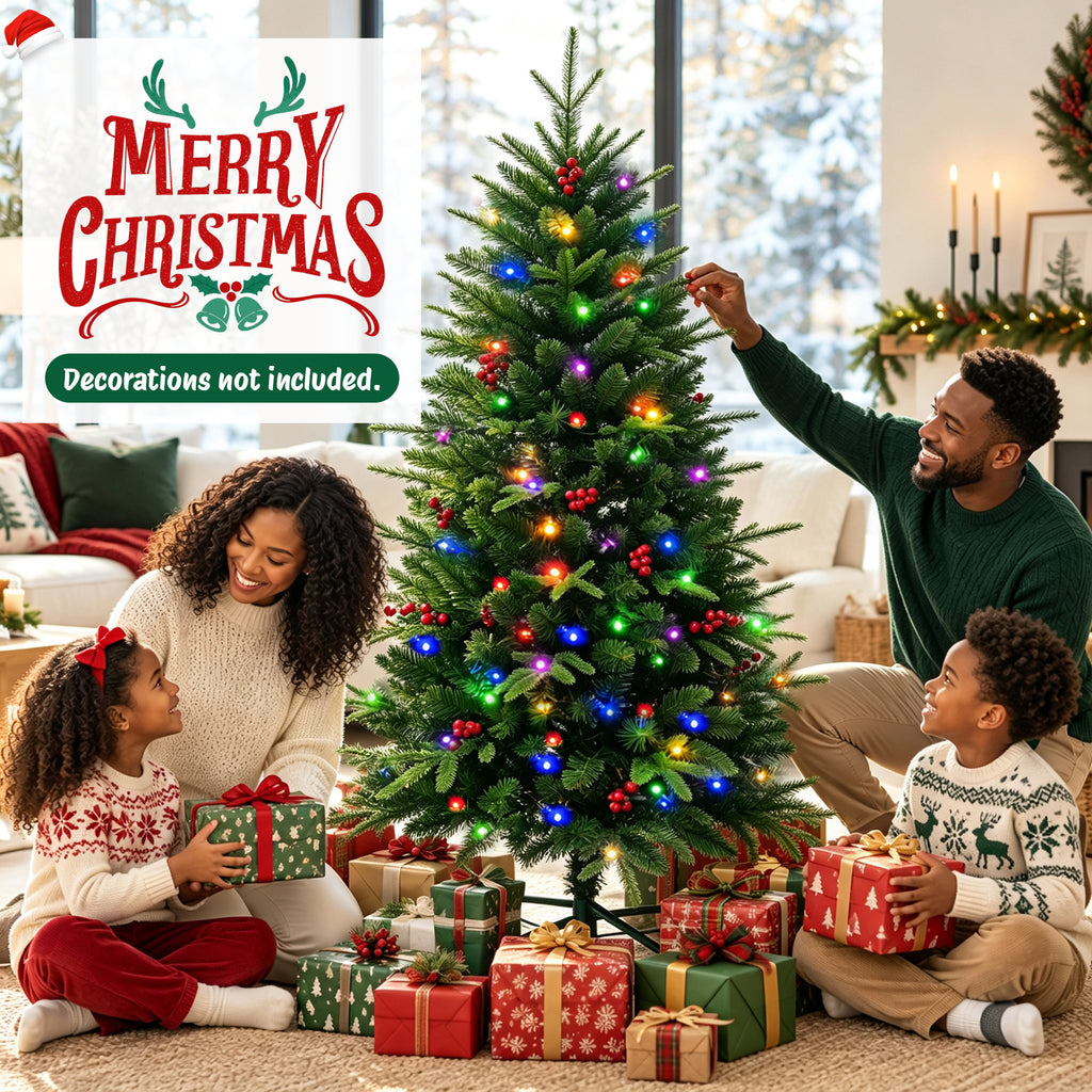 Moonsun 4.5ft Pre-Lit Christmas Tree, Full Artificial Tree with 120 Warm White & Multicolor Lights, 350 PE & PVC Tips, 50 Red Berries, Metal Stand for Home Office Holiday Decor