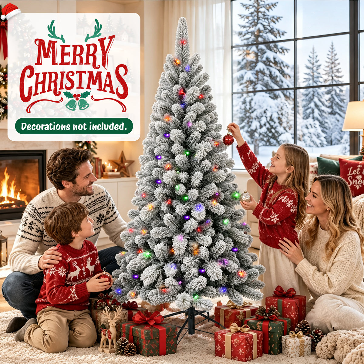Moonsun 5ft Pre-Lit Flocked Christmas Tree, Full Artificial Green Tree with 150 Warm White & Multicolor Lights, 400 PVC & Pine Needle Tips, Metal Stand for Home Office Holiday Decor
