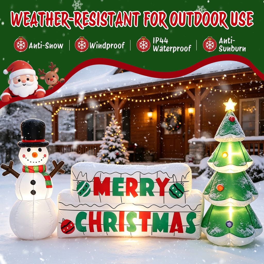 Moonsun 8FT Long Christmas Inflatable Snowman with Merry Christmas Sign & Christmas Tree, Built-in LED Lights, Blow Up Outdoor Christmas Decorations for Yard, Lawn & Garden