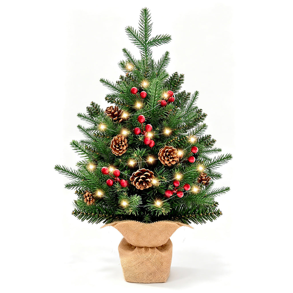 Moonsun 24"/2FT Mini Christmas Tree Tabletop Set with LED Lights, Artificial Xmas Tree with PE Tips & Hanging Ornaments for Home Entryway Apartment Indoor Outdoor Holiday Decoration