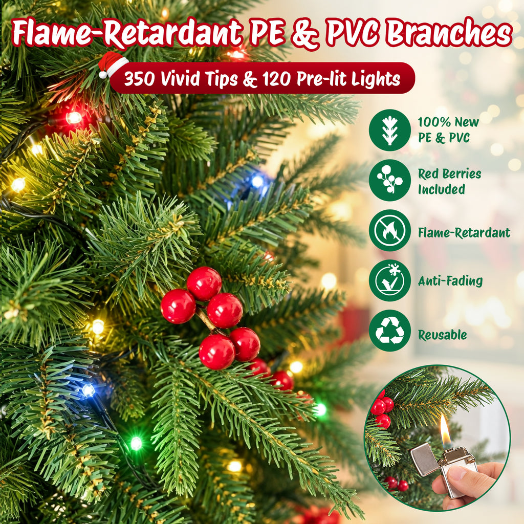 Moonsun 4.5ft Pre-Lit Christmas Tree, Full Artificial Tree with 120 Warm White & Multicolor Lights, 350 PE & PVC Tips, 50 Red Berries, Metal Stand for Home Office Holiday Decor