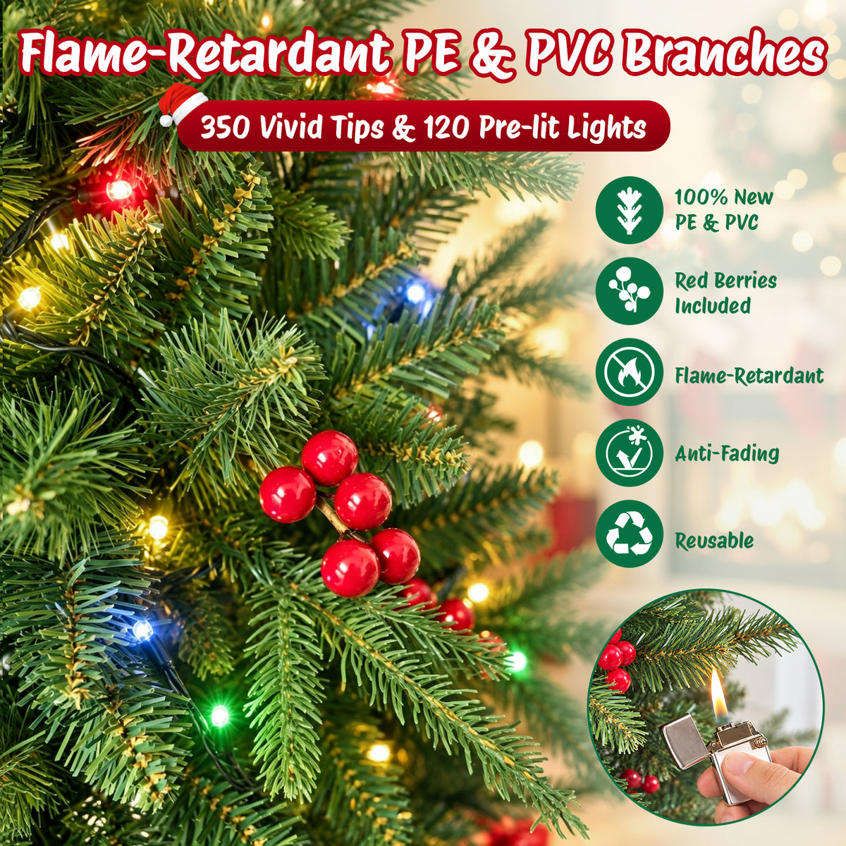 Moonsun 4.5ft Pre-Lit Christmas Tree, Full Artificial Tree with 120 Warm White & Multicolor Lights, 350 PE & PVC Tips, 50 Red Berries, Metal Stand for Home Office Holiday Decor